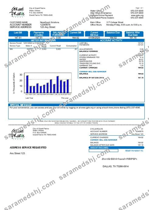 USA Texas Grand Prairie business utility bill template in Word and PDF formats